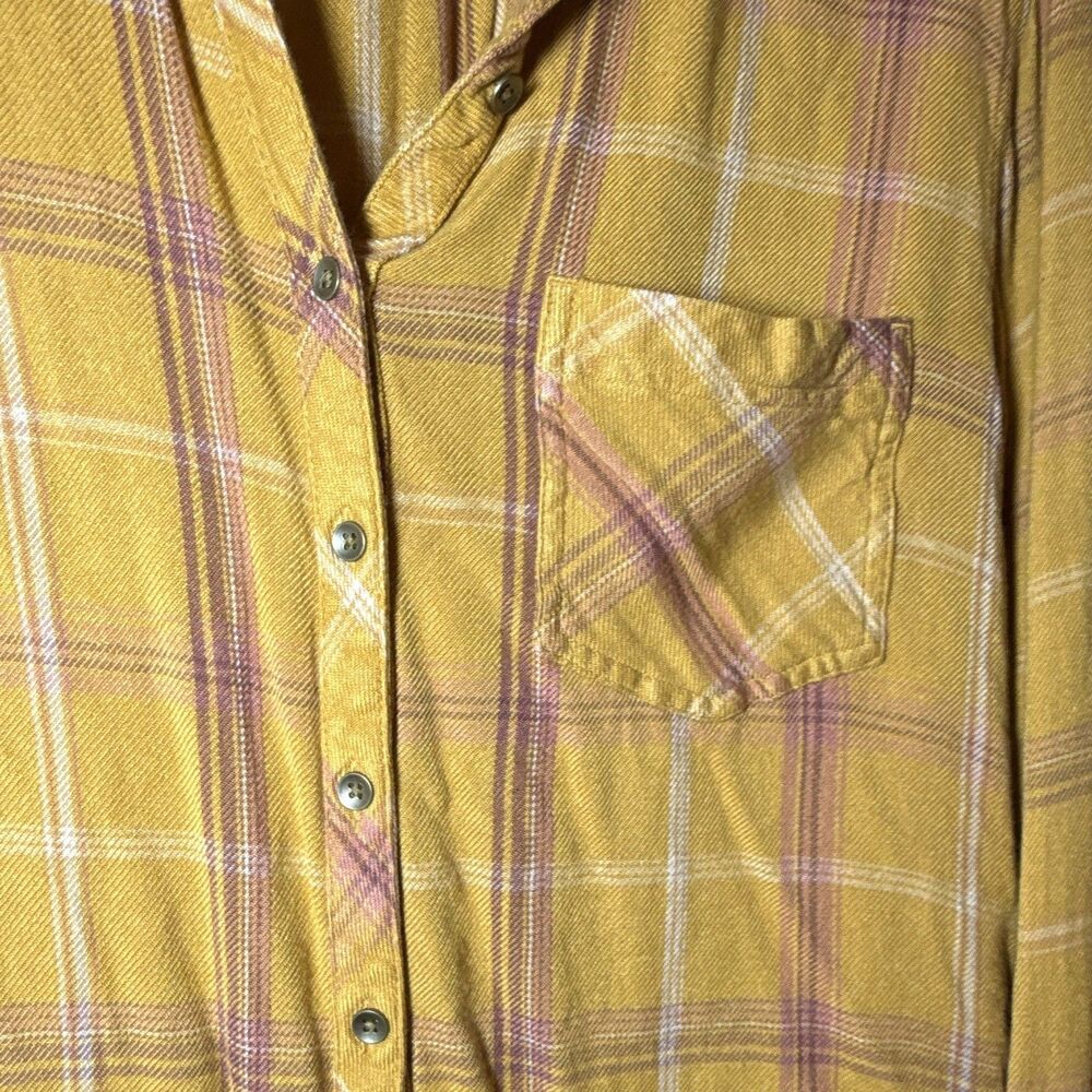 Maurices Yellow Purple White Plaid Collared Button-Up Long Sleeve Rayon XL - Picture 2 of 12